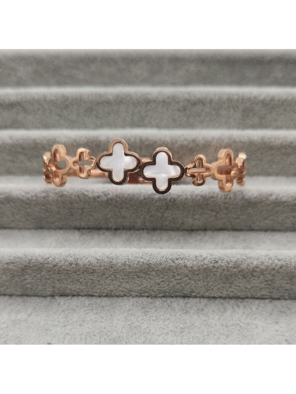 18k Rose Gold Plated Stainless Steel Top Open Clover Bangle, Pearlescent White